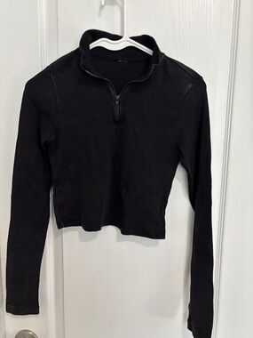 Cropped Black Half-Zip Long Sleeve Top